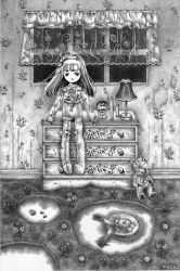 Rule 34 | 1girl, absurdres, candle, chest of drawers, commentary request, curtains, desk lamp, doll, expressionless, floral print, flower, full body, greyscale, hairband, highres, indoors, kirisu misa, lamp, long hair, monochrome, original, rabbit, sitting, snow globe, solo, stuffed animal, stuffed toy, teddy bear, window