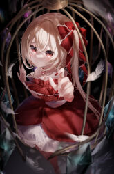 Rule 34 | 1girl, absurdres, bare shoulders, bat wings, birdcage, blonde hair, blurry, blush, breasts, cage, cleavage, commentary request, crystal, depth of field, dress, expressionless, falling feathers, feathers, flandre scarlet, foreshortening, frilled dress, frills, full body, hair between eyes, hair ribbon, highres, in cage, jewelry, long hair, looking at viewer, nail polish, necklace, no headwear, parted lips, reaching, reaching towards viewer, red brooch, red dress, red eyes, red nails, red ribbon, ribbon, sash, side ponytail, sitting, small breasts, solo, touhou, white feathers, white sash, wings, yukia (yukia 777)