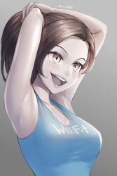 Rule 34 | 1girl, :d, absurdres, armpits, arms up, awan0918, blouse, blue shirt, breasts, brown eyes, brown hair, cleavage, clothes writing, copyright name, forehead, gradient background, grey background, highres, long hair, medium breasts, nintendo, open mouth, pale skin, ponytail, shirt, short hair, signature, simple background, sleeveless, smile, solo, tank top, teeth, upper body, upper teeth only, wii fit, wii fit trainer, wii fit trainer (female)