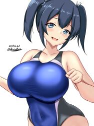 Rule 34 | 1girl, black hair, black one-piece swimsuit, blue eyes, blue hair, blue one-piece swimsuit, blush, breasts, competition swimsuit, covered navel, cowboy shot, dated, hair between eyes, hair ribbon, highres, kantai collection, large breasts, looking at viewer, medium hair, montemasa, one-hour drawing challenge, one-piece swimsuit, open mouth, ribbon, simple background, smile, souryuu (kancolle), swimsuit, twintails, twitter username, two-tone swimsuit
