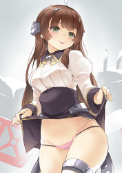 Rule 34 | 1girl, :p, blush, breasts, brown hair, cameltoe, clothes lift, commentary request, green eyes, headgear, helena (kancolle), helena kai (kancolle), highleg, highleg panties, kantai collection, lifting own clothes, long hair, long sleeves, looking at viewer, medium breasts, naik, navel, panties, pink panties, rigging, simple background, skirt, skirt lift, smile, solo, string panties, tongue, tongue out, turret, underwear