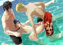 Rule 34 | 3boys, abs, amamiya ren, anal, beach, black hair, blonde hair, blue hair, blush, brown eyes, cum, cum in ass, cumdrip, ejaculating while penetrated, ejaculation, erection, fellatio, grin, group sex, happy sex, lying, male focus, male penetrated, mishima yuuki, mmm threesome, multiple boys, naughty face, nipples, ocean, oral, orgasm, outdoors, penis, persona, persona 5, public indecency, red eyes, sakamoto ryuuji, sex, smile, spitroast, testicles, threesome, topless male, vhazz, water, wet, yaoi
