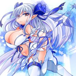 Rule 34 | 1girl, bemani, blue ribbon, boots, breasts, cleavage, closed mouth, eyes visible through hair, hair between eyes, hair ribbon, high heel boots, high heels, large breasts, leg up, long hair, navel, orange eyes, ortlinde=nblg=valkyria, pointy ears, ribbon, sate hatena, silver hair, solo, sound voltex, star (symbol), thigh boots, thighhighs, thighs, very long hair, white footwear