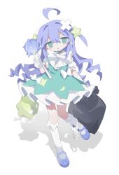 Rule 34 | 1girl, @ @, absurdres, ahoge, akudamakin-chan (daizu (melon-lemon)), bag, blue footwear, blue hair, bow, bowtie, commentary, daizu (melon-lemon), detached ahoge, dress, full body, gloves, green dress, green eyes, hair between eyes, hair ornament, highres, holding, holding bag, holding weapon, kneehighs, long hair, looking at viewer, mary janes, original, panties, panties around leg, shadow, shoes, short dress, socks, solo, spike ball, standing, star (symbol), star hair ornament, sweat, symbol-only commentary, trash bag, two side up, underwear, weapon, white background, white bow, white bowtie, white gloves, white socks