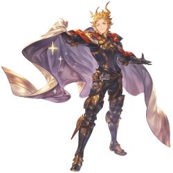 Rule 34 | 1boy, ahoge, armor, belt, black pants, blonde hair, blue eyes, cape, full body, granblue fantasy, greaves, looking at viewer, male focus, minaba hideo, official art, pants, seofon (granblue fantasy), solo, sparkle, standing, transparent background