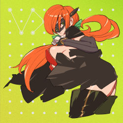 Rule 34 | 1girl, absurdres, black cape, black footwear, black gloves, boots, bow, breasts, cape, elbow gloves, eye mask, gloves, green background, green bow, green eyes, hair between eyes, hair bow, highres, open mouth, orange hair, original, patterned background, ponytail, simple background, slingshot swimsuit, smile, solo, swimsuit, thigh boots, v.x.