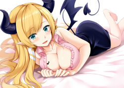 Rule 34 | 1girl, asymmetrical hair, bat tattoo, bed sheet, black skirt, blue eyes, blush, breast tattoo, breasts, cleavage, collarbone, collared shirt, commentary, demon horns, demon tail, demon wings, foot out of frame, frilled shirt, frills, hair ribbon, hololive, horns, kosuke (bb), large breasts, long hair, looking at viewer, lying, on stomach, open mouth, parted bangs, pencil skirt, pink shirt, pointy ears, ribbon, shirt, sidelocks, simple background, skirt, sleeveless, sleeveless shirt, smile, solo, tail, tattoo, virtual youtuber, white background, white ribbon, wing collar, wings, yuzuki choco, yuzuki choco (1st costume)