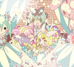 Rule 34 | 3girls, :3, animal ears, apollo cake, arms up, bad id, bad pixiv id, blonde hair, bow, rabbit, cat ears, chibi, detached sleeves, doll, closed eyes, fish, green eyes, green hair, hair bow, hair ribbon, hatsune miku, kagamine rin, megurine luka, multiple girls, necktie, one eye closed, open mouth, pink hair, rankichi, ribbon, spring onion, stuffed animal, stuffed toy, valentine, vocaloid, wink