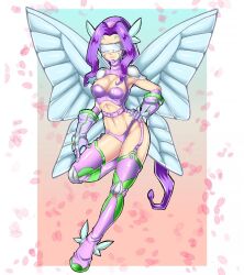Rule 34 | 1girl, bikini, boots, breasts, cleavage, covered eyes, curvy, digimon, fairimon, fairy, fairy wings, garter straps, gloves, highres, jonariel20, long hair, medium breasts, petals, purple hair, revealing clothes, shiny skin, swimsuit, thong, very long hair, wide hips, wings