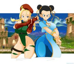 Rule 34 | 2girls, absurdres, android 18, ass, black hair, blonde hair, blue eyes, breasts, brown eyes, cammy white, cammy white (cosplay), capcom, chi-chi (dragon ball), chinese clothes, chun-li, chun-li (cosplay), cosplay, dragon ball, dragonball z, highres, huge ass, large breasts, lipstick, looking at viewer, makeup, military, multiple girls, pasaway komiks, street fighter, street fighter 6, street fighter ii (series), tagme, thick thighs, thighs