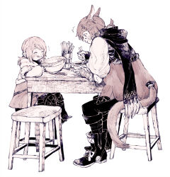 Rule 34 | 1boy, 1girl, :q, ^^^, ^ ^, animal ears, ankle boots, black footwear, black pants, black scarf, boots, bowl, braid, brown hair, brown jacket, cat boy, cat ears, cat tail, chewing, chopsticks, closed eyes, clothing cutout, commentary, eating, final fantasy, final fantasy xiv, fringe trim, from side, full body, g&#039;raha tia, hair ornament, hatching (texture), highres, holding, holding bowl, holding chopsticks, itowo (itowc), jacket, lalafell, low ponytail, miqo&#039;te, monochrome, pants, pointy ears, profile, scarf, sepia, short hair, simple background, single braid, sitting, smile, stool, surprised, table, tail, tail through clothes, tongue, tongue out, warrior of light (ff14), white background, wide-eyed, x hair ornament