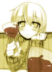 Rule 34 | 1girl, alcohol, arm support, blush, cup, drinking glass, female focus, kazetto, looking at viewer, lunasa prismriver, monochrome, pov, pov across table, sitting, smile, solo, sweater, touhou, wine, wine glass