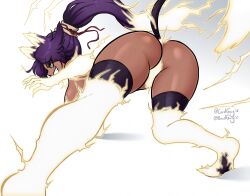 1girl artist_name ass black_thighhighs bleach bleach:_sennen_kessen-hen breasts dark-skinned_female dark_skin electricity electrokinesis female_focus hair_ears hair_ornament highres large_breasts lordguyis ponytail purple_hair shihouin_yoruichi shiny_skin simple_background tail thick_thighs thighhighs thighs white_background yellow_eyes