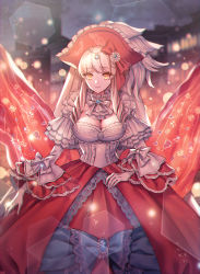 Rule 34 | 1girl, beads, blonde hair, blurry, bow, breasts, cleavage, closed mouth, commentary request, corset, creatures (company), dress, eyelashes, frills, game freak, gem, gen 3 pokemon, highres, jewelry, latias, legendary pokemon, light smile, looking at viewer, moe (hamhamham), nintendo, personification, pokemon, red bow, red dress, sidelocks, yellow eyes