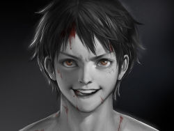 Rule 34 | 1boy, black background, black hair, blood, blood on face, brown eyes, eyelashes, greyscale, injury, kdash, licking, light particles, looking at viewer, male focus, monkey d. luffy, monochrome, one piece, parted lips, portrait, realistic, scratches, solo, spot color, teeth, tongue, tongue out