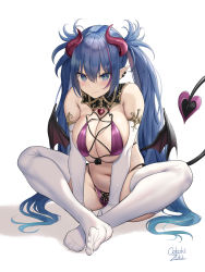 Rule 34 | 1girl, annoyed, artist name, bikini, blue eyes, blue hair, blush, breasts, commentary request, criss-cross halter, curvy, demon girl, demon horns, demon tail, demon wings, earrings, elbow gloves, gloves, halterneck, highres, horns, indian style, jewelry, large breasts, long hair, multicolored eyes, multicolored hair, navel, no shoes, oekakizuki, original, plump, pointy ears, purple bikini, purple eyes, purple hair, sidelocks, simple background, sitting, solo, streaked hair, swimsuit, tail, twintails, very long hair, white background, white gloves, white legwear, wings