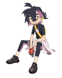 Rule 34 | 1boy, alternate costume, bag, black footwear, black hair, clothes around waist, creatures (company), crossed bangs, full body, game freak, gloves, hair between eyes, highres, holding, holding poke ball, invisible chair, kieran (pokemon), knifedragon, leggings, looking at viewer, male focus, mole, mole on neck, multicolored hair, nintendo, notice lines, orange eyes, poke ball, poke ball (basic), pokemon, pokemon sv, purple hair, shoes, short sleeves, shorts, simple background, single glove, sitting, sneakers, solo, sweat, white background