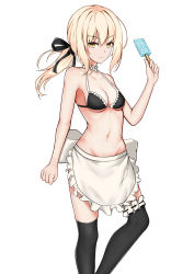 Rule 34 | 1girl, absurdres, apron, artoria pendragon (alter swimsuit rider) (fate), artoria pendragon (alter swimsuit rider) (second ascension) (fate), artoria pendragon (fate), bare arms, bare shoulders, bikini, black bikini, black ribbon, blonde hair, breasts, cleavage, collarbone, commentary request, fate (series), food, highres, holding, kinyoubi no nangong da, long hair, looking at viewer, maid, maid bikini, maid headdress, medium breasts, navel, popsicle, ribbon, simple background, solo, swimsuit, thighhighs, unconventional maid, white apron, white background, yellow eyes