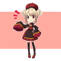 Rule 34 | 1girl, bare shoulders, black dress, black thighhighs, brown background, brown hair, chibi, china dress, chinese clothes, closed mouth, clothing cutout, double bun, dress, full body, hair bun, hand on own hip, hat, kisaragi hina, long sleeves, natori sana, notice lines, outline, red eyes, red footwear, red hat, ribbon-trimmed sleeves, ribbon trim, sana channel, shoes, shoulder cutout, sidelocks, sleeves past fingers, sleeves past wrists, smile, solo, standing, thighhighs, two-tone background, v-shaped eyebrows, virtual youtuber, white background, white outline