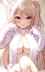 Rule 34 | 1girl, alternate costume, breasts, brown eyes, collared shirt, conte di cavour (kancolle), highres, kantai collection, large breasts, long hair, long sleeves, looking at viewer, naked shirt, open clothes, open shirt, shirt, silver hair, smile, solo, two side up, yomogi dango