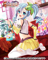 Rule 34 | 1girl, arm up, bag, blue eyes, blue hair, bucchake (asami), chouhou, copyright name, crop top, curly hair, detached sleeves, feet, from behind, hand on own ass, holding, koihime musou, long hair, looking back, midriff, no shoes, official art, open mouth, shirt, side ponytail, sitting, skirt, smile, soles, solo, thighhighs, white shirt, white thighhighs, yellow skirt