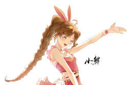 Rule 34 | 1girl, absurdres, animal ears, arm up, artist request, blush, braid, braided ponytail, brown hair, douluo dalu, frilled wristband, from side, highres, long hair, midriff, open mouth, pink shirt, pink skirt, pouch, rabbit ears, second-party source, shirt, skirt, solo, teeth, upper body, upper teeth only, white background, xiao wu (douluo dalu)