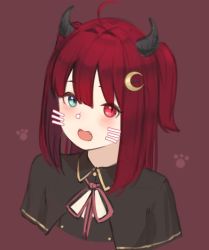 Rule 34 | 1girl, :d, ahoge, black capelet, blush, capelet, drawn whiskers, fangs, green eyes, hayabusa, heterochromia, horns, long hair, looking at viewer, neck ribbon, nijisanji, open mouth, paw print, pink ribbon, red background, red eyes, ribbon, simple background, slit pupils, smile, solo, two side up, virtual youtuber, yuzuki roa