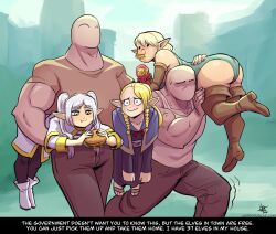 Rule 34 | 2boys, 3girls, ass, black pantyhose, blonde hair, boots, braid, burger, carrying, carrying over shoulder, carrying under arm, closed mouth, dungeon meshi, eating, elf, elf-san wa yaserarenai., english text, erufuda-san, faceless, faceless male, food, food in mouth, french fries, frieren, green leotard, heavy, highres, holding, holding food, jerk douglas, leotard, marcille donato, meme, multiple boys, multiple girls, muscular, muscular male, outdoors, pantyhose, pointy ears, sandals, smile, sousou no frieren, the ducks at the park are free (meme), thigh boots, trembling, twin braids, walking, white footwear