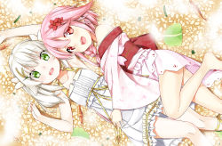 Rule 34 | 2girls, @ichigo, absurdres, barefoot, braid, character request, copyright request, dress, flower, food, gold trim, green eyes, hair flower, hair ornament, highres, japanese clothes, kimono, legs, lettuce, long sleeves, lying, multiple girls, open mouth, pink eyes, pink hair, sergestid shrimp in tungkang, short hair, shrimp, silver hair, single braid, white dress, wide sleeves, xuan ying, yukata