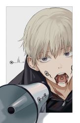 Rule 34 | 1boy, black jacket, blood, blood in mouth, blood on clothes, blood from mouth, blue eyes, border, cardiogram, facial mark, grey background, hair between eyes, half-closed eyes, highres, injury, inumaki toge, jacket, jujutsu kaisen, kazekaze030, looking away, male focus, megaphone, open mouth, outside border, portrait, short hair, simple background, solo, teeth, tongue, unzipped, white border, white hair, zipper