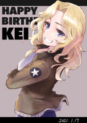 Rule 34 | 1girl, absurdres, black shirt, blonde hair, blue eyes, blue shorts, brown jacket, crossed arms, dated, emblem, english text, from side, girls und panzer, grey background, grin, hair intakes, happy birthday, highres, jacket, kay (girls und panzer), letterboxed, long hair, long sleeves, looking at viewer, looking back, military, military uniform, open clothes, open jacket, oritako, saunders military uniform, shirt, shorts, smile, solo, standing, star (symbol), uniform, upper body