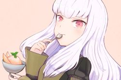 1girl ayan_(ayan_00o) black_jacket commentary_request cup fire_emblem fire_emblem:_three_houses food garreg_mach_monastery_uniform hand_up holding holding_cup holding_spoon ice_cream jacket juliet_sleeves long_hair long_sleeves looking_at_viewer lysithea_von_ordelia nintendo pink_background pink_eyes puffy_sleeves silver_hair simple_background solo spoon upper_body