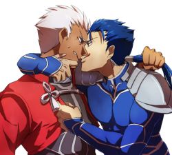 Rule 34 | 2boys, archer (fate), blue hair, cu chulainn (fate), cu chulainn (fate/stay night), dark-skinned male, dark skin, earrings, fate/stay night, fate (series), grabbing another&#039;s hair, grey eyes, jewelry, licking lips, long hair, male focus, multiple boys, ponytail, red eyes, ruchi, tongue, tongue out, white hair, yaoi