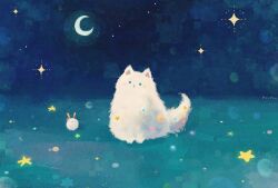 Rule 34 | animal focus, artist name, blue background, cat, commentary, crescent moon, english commentary, fluffy, looking at viewer, moon, night, no humans, original, penpen (pencopeco), rabbit, sitting, star (sky), star (symbol), white cat