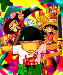 Rule 34 | 5boys, bandana, black hair, blonde hair, blood, cigarette, dracule mihawk, facial hair, game, green hair, hair over one eye, haramaki, hat, injury, jewelry, male focus, monkey d. luffy, multiple boys, mustache, necklace, one piece, open clothes, open mouth, open shirt, roronoa zoro, sanji (one piece), shirt, straw hat, surprised, sword, tick-tac-toe, usopp, v, weapon, wide-eyed