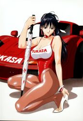 Rule 34 | 1girl, bare shoulders, black eyes, black hair, breasts, car, collar, covered erect nipples, curvy, earrings, high heels, highres, inoue takuya, jewelry, large breasts, leotard, long hair, looking at viewer, mclaren, mclaren f1, model, modeling, motor vehicle, one-piece swimsuit, pantyhose, race queen, red leotard, shoes, skin tight, solo, squatting, swimsuit, umbrella, vehicle