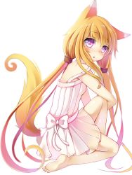Rule 34 | 1girl, :o, absurdres, animal ears, barefoot, blonde hair, blush, fox ears, fox tail, full body, highres, long hair, looking at viewer, ming (3952862), original, purple eyes, simple background, soles, solo, strap slip, tail, very long hair