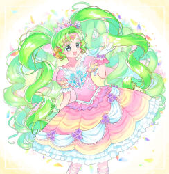 Rule 34 | 1girl, :d, colored eyelashes, commentary request, cowboy shot, dress, falulu, falulu (awakened), forehead jewel, frilled dress, frills, gloves, green eyes, green hair, hand up, headphones, highres, idol clothes, jinno (jin c kkry), long hair, looking to the side, open mouth, parted bangs, petals, pink dress, pretty series, pripara, puffy short sleeves, puffy sleeves, short sleeves, sidelocks, smile, solo, standing, twintails, very long hair, white gloves