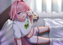 Rule 34 | 1boy, astolfo (fate), bed, bed sheet, boxers, bulge, erection, erection under clothes, eyes visible through hair, fate/grand order, fate (series), hair intakes, highres, indoors, kitajima yuuki, long hair, looking at viewer, male focus, male underwear, midriff, morning wood, navel, on bed, one eye closed, pillow, pink hair, purple eyes, rubbing eyes, sitting, skindentation, solo, trap, underwear, waking up