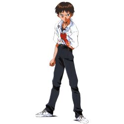 Rule 34 | 1boy, angry, blood, blue eyes, brown hair, clenched hand, hand on own chest, highres, ikari shinji, legs, looking at viewer, neon genesis evangelion, official art, pants, school uniform, shirt, short hair, solo, source request, thighs