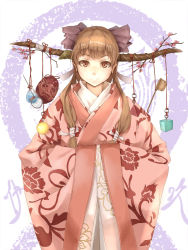 Rule 34 | 1girl, alternate costume, alternate hairstyle, bad id, bad pixiv id, bag, blonde hair, bow, brown eyes, cherry blossoms, fish, floral print, hair bow, hands in opposite sleeves, highres, horns, huanxiang heitu, ibuki suika, japanese clothes, kimono, ladle, long hair, long sleeves, looking at viewer, mask, mouth mask, smile, solo, touhou, twig, twintails, weights, wide sleeves