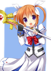 Rule 34 | 00s, 1girl, :d, blue eyes, blush, bow, fingerless gloves, gloves, hair ribbon, hisae (hisae collect), holding, lyrical nanoha, magazine (weapon), magical girl, mahou shoujo lyrical nanoha, open mouth, orange hair, purple eyes, raising heart, raising heart (accel mode), red bow, red hair, ribbon, smile, solo, staff, takamachi nanoha, takamachi nanoha (sacred mode), twintails