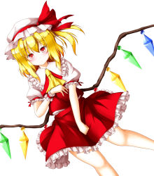 Rule 34 | 1girl, aka tawashi, ascot, blonde hair, blush, closed mouth, crystal, dutch angle, flandre scarlet, frilled shirt collar, frills, hat, hat ribbon, highres, looking at viewer, mob cap, petticoat, puffy short sleeves, puffy sleeves, red eyes, red ribbon, red skirt, red vest, ribbon, shirt, short sleeves, side ponytail, skirt, skirt set, solo, touhou, white background, white shirt, wings, wrist cuffs