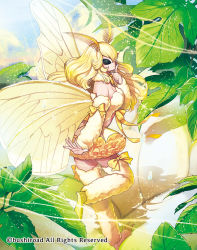 Rule 34 | 1girl, antennae, arthropod girl, bare shoulders, black eyes, blonde hair, boots, bow, breasts, bug, cardfight!! vanguard, cleavage, company name, day, fur trim, insect, insect girl, insect wings, leaf, lethargy mutant silk sleeper, long hair, moth, moth girl, moth wings, official art, okeya (ol23), sky, solo, sparkle, wings