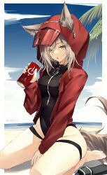 Rule 34 | 1girl, absurdres, animal ears, arknights, barefoot, blue sky, breasts, can, cloud, covered navel, day, grey hair, highres, holding, holding can, hood, hood up, hooded jacket, jacket, long sleeves, looking at viewer, medium breasts, nash11, ocean, official alternate costume, open mouth, outdoors, projekt red (arknights), projekt red (light breeze) (arknights), red jacket, shoes, unworn shoes, short hair, sky, solo, tail, thigh strap, twitter username, wolf ears, wolf girl, wolf tail, yellow eyes