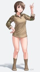 Rule 34 | 1girl, :d, absurdres, borrowed character, bottomless, breasts, brown eyes, brown hair, brown shirt, brown socks, camouflage, camouflage shirt, character name, collarbone, combat shirt, commentary request, full body, green shirt, hand on own hip, highres, kzm (sub-moa works), looking at viewer, medium breasts, multicolored shirt, open mouth, original, partial commentary, pocket, pointing, pointing up, raglan sleeves, shadow, shirt, short hair, simple background, sleeves past elbows, sleeves rolled up, smile, socks, solo, standing, white background, wispy bangs, woodland camouflage, zipper