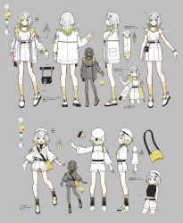 Rule 34 | 2girls, a.i. voice, bag, belt, belt pouch, black belt, black choker, black undershirt, blonde hair, braid, buttons, buzz (moi), character sheet, choker, color guide, dual persona, flower knot, gradient hair, green eyes, grey background, grey hair, hair ornament, hairclip, hat, high-waist skirt, highres, jacket, kneehighs, long hair, long sleeves, multicolored clothes, multicolored hair, multicolored jacket, multiple girls, off-shoulder shirt, off shoulder, official art, open clothes, open jacket, pouch, sailor collar, sailor hat, second-party source, shirt, shoes, short hair, shorts, shoulder bag, side braid, single hair intake, skirt, sleeveless, sleeveless shirt, sneakers, socks, spaghetti strap, streaked hair, tassel, tented shirt, translation request, tsunose kotone, tsunose kotone (tsubomi), two-tone jacket, white jacket, white sailor collar, white shorts, white skirt, yellow jacket, yellow socks