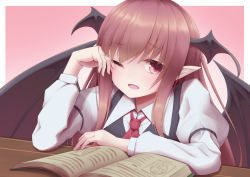 Rule 34 | 1girl, absurdres, bat wings, black vest, blush, book, border, fingernails, furrowed brow, gradient background, hand up, head wings, highres, juliet sleeves, koakuma, long sleeves, messiah &amp; crea, one eye closed, open book, open mouth, outside border, pink background, pink eyes, pointy ears, puffy sleeves, red hair, red neckwear, rubbing eyes, shirt, simple background, solo, table, tearing up, touhou, upper body, vest, white border, white shirt, wing collar, wings