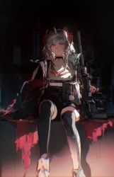 Rule 34 | 1girl, absurdres, ahoge, antenna hair, antennae, arknights, arm support, backlighting, belt, black jacket, black thighhighs, blouse, breasts, choker, closed mouth, explosive, full body, green hair, grenade, grenade launcher, grenade pin, gun, highres, holding, holding gun, holding weapon, horns, jacket, lobelia (saclia), looking at viewer, medium hair, off-shoulder shirt, off shoulder, red eyes, shaded face, shadow, shirt, sidelocks, sitting, solo, thighhighs, w (arknights), weapon, white shirt