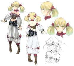 Rule 34 | 1girl, atelier (series), atelier rorona, bare shoulders, blonde hair, boots, bow, bracelet, brown footwear, character sheet, concept art, crop top, expressionless, female focus, full body, green eyes, hair bow, jewelry, kishida mel, knee boots, lionela heinze, multiple views, official art, pants, red bow, short hair, twintails, white background, white pants